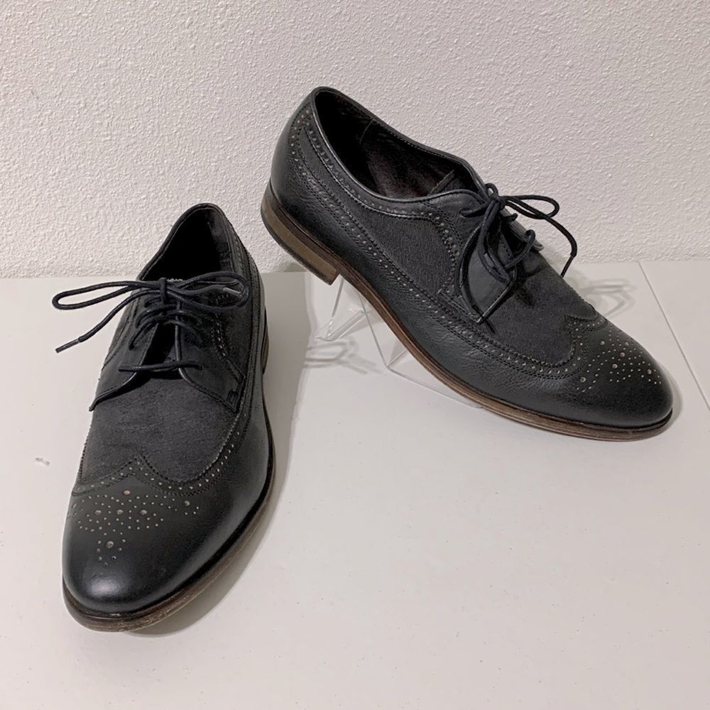 John Varvatos USA Black Leather & Canvas‎ Wing Tip Shoe Sz 11.5